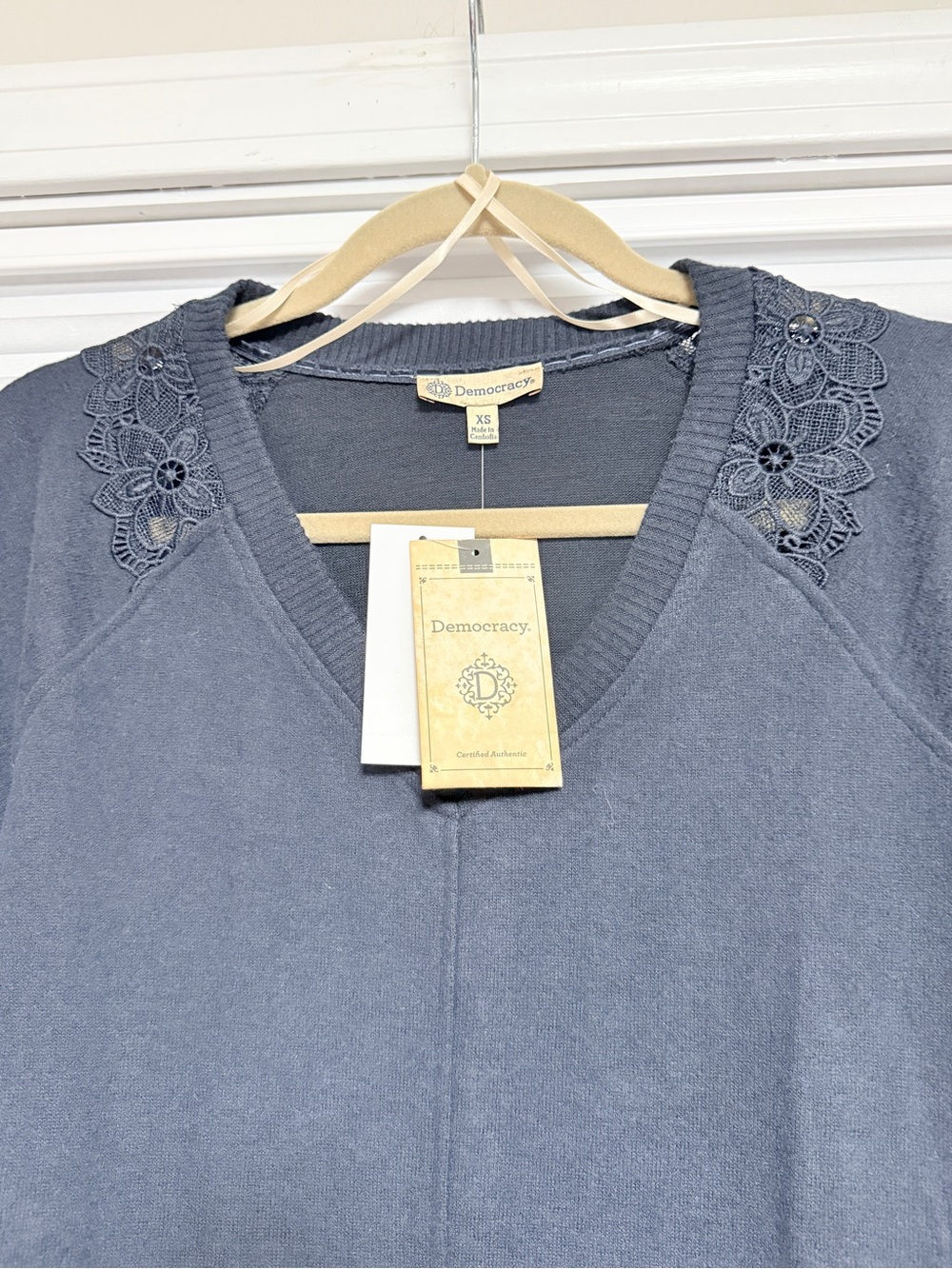 Democracy Dark Navy Lace-Trim V-Neck Pullover - Picture 4 of 7